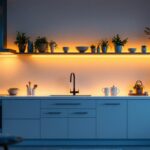A photograph of a well-lit kitchen or living room showcasing stylish under-shelf lighting