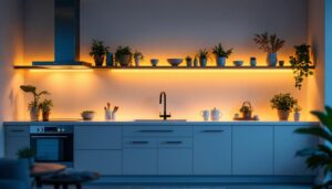 A photograph of a well-lit kitchen or living room showcasing stylish under-shelf lighting