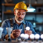 A photograph of a skilled lighting contractor examining various led a19 bulbs in a well-lit workspace