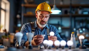 A photograph of a skilled lighting contractor examining various led a19 bulbs in a well-lit workspace