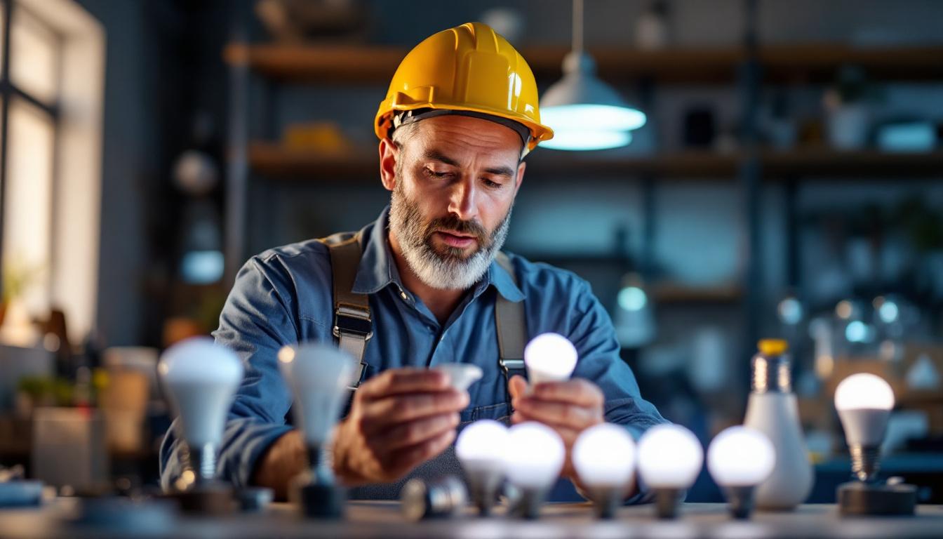 A photograph of a skilled lighting contractor examining various led a19 bulbs in a well-lit workspace