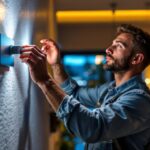 A photograph of a skilled lighting contractor expertly installing or adjusting smart lighting fixtures in a modern home setting