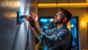 A photograph of a skilled lighting contractor expertly installing or adjusting smart lighting fixtures in a modern home setting
