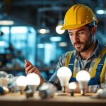 A photograph of a lighting contractor examining a variety of led bulbs in a well-lit workspace