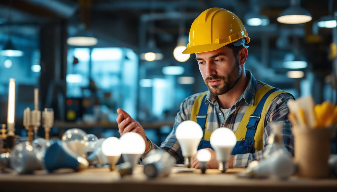 A photograph of a lighting contractor examining a variety of led bulbs in a well-lit workspace