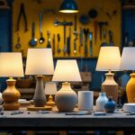 A photograph of a variety of lamp base types arranged aesthetically on a workbench