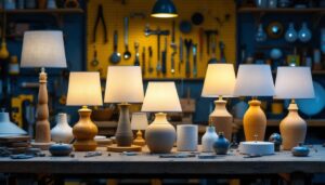 A photograph of a variety of lamp base types arranged aesthetically on a workbench