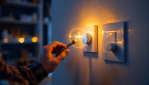 A photograph of a skilled lighting contractor installing a dimmer switch in a stylish home setting