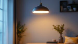 A photograph of a stylish led pendant light fixture elegantly illuminated in a modern setting