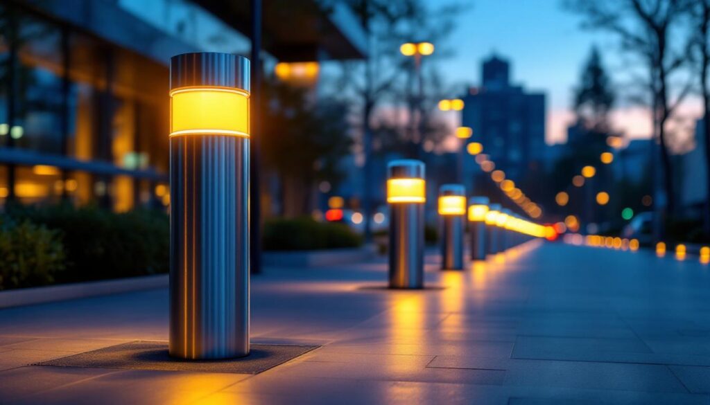 A photograph of a modern urban setting featuring illuminated bollards at dusk