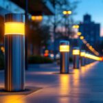 A photograph of a modern urban setting featuring illuminated bollards at dusk