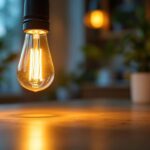 A photograph of a close-up shot of a glowing led bulb illuminating a modern