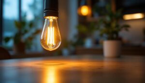 A photograph of a close-up shot of a glowing led bulb illuminating a modern