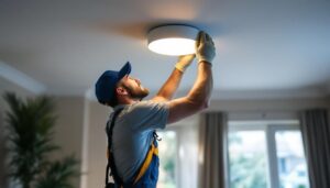 A photograph of a skilled lighting contractor installing a semi-flush ceiling light fixture in a stylish interior