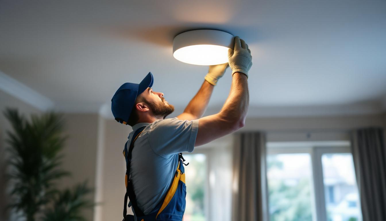 A photograph of a skilled lighting contractor installing a semi-flush ceiling light fixture in a stylish interior
