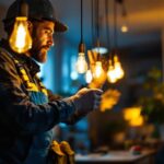 A photograph of a lighting contractor inspecting a long bulb light installation in a residential or commercial setting