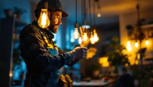 A photograph of a lighting contractor inspecting a long bulb light installation in a residential or commercial setting