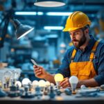 A photograph of a lighting contractor examining a variety of light bulbs and fixtures in a well-lit workspace