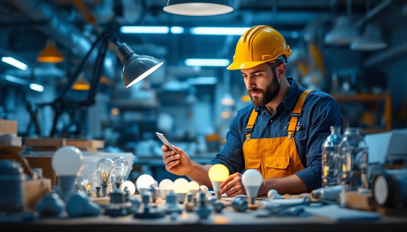 A photograph of a lighting contractor examining a variety of light bulbs and fixtures in a well-lit workspace