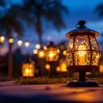 A photograph of a beautifully illuminated outdoor space featuring a variety of stylish solar lantern lights in use