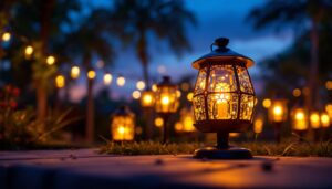 A photograph of a beautifully illuminated outdoor space featuring a variety of stylish solar lantern lights in use