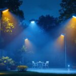 A photograph of a beautifully illuminated outdoor space featuring various types of security lights in action