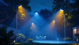 A photograph of a beautifully illuminated outdoor space featuring various types of security lights in action