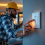 A photograph of a lighting contractor in action