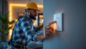 A photograph of a lighting contractor in action