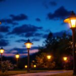 A photograph of a beautifully illuminated outdoor space at dusk