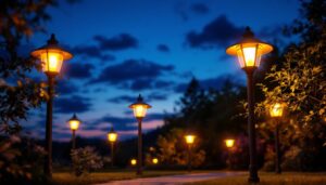 A photograph of a beautifully illuminated outdoor space at dusk