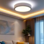A photograph of a stylish semi-flush ceiling light installed in a modern living space