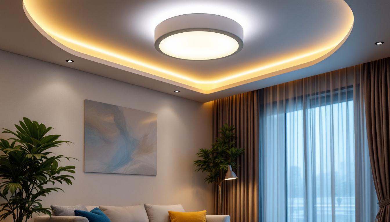 A photograph of a stylish semi-flush ceiling light installed in a modern living space