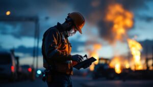 A photograph of a lighting contractor working on a project at dusk