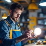 A photograph of a lighting contractor examining a 4-watt led light bulb in a well-lit workspace
