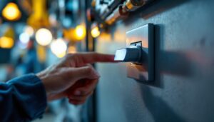 A photograph of a close-up of a modern electric on/off switch being operated by a hand