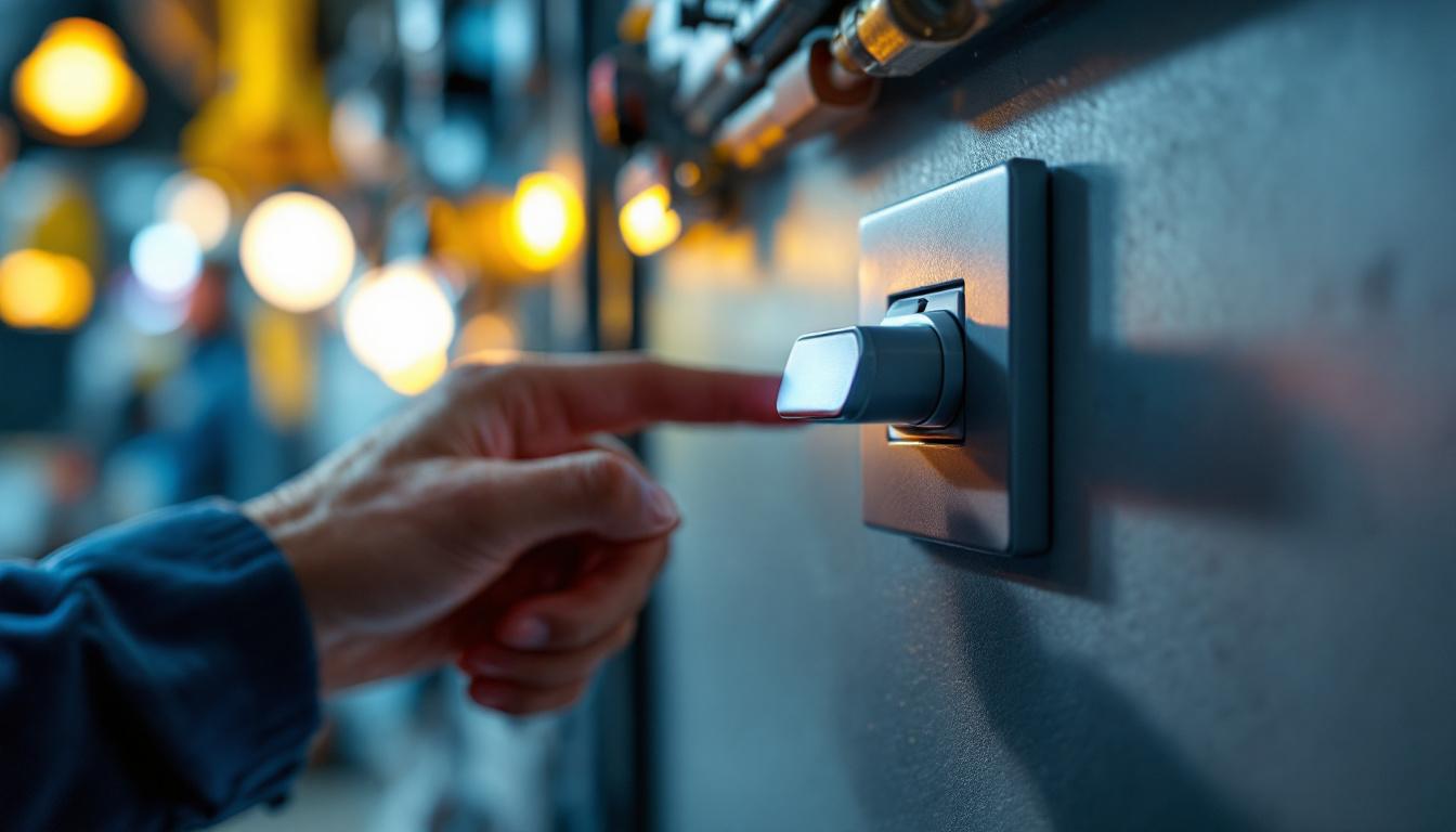 A photograph of a close-up of a modern electric on/off switch being operated by a hand