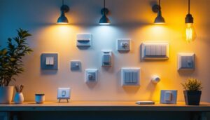 A photograph of a well-lit room showcasing various types of light switches in an aesthetically pleasing arrangement