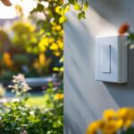 A photograph of a skilled lighting contractor expertly installing an outdoor light switch box in a beautifully landscaped garden