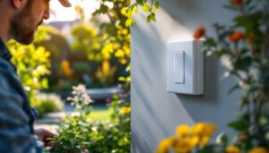 A photograph of a skilled lighting contractor expertly installing an outdoor light switch box in a beautifully landscaped garden