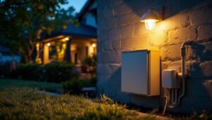 A photograph of a lighting contractor installing an electrical outdoor cover on a residential property