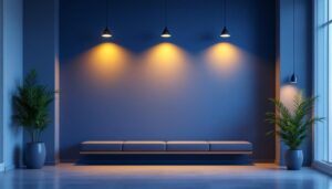 A photograph of a well-lit interior space featuring an elegant big wall light installation