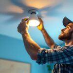 A photograph of a skilled lighting contractor installing a can light in an existing ceiling