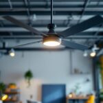 A photograph of an industrial-style ceiling fan installed in a spacious