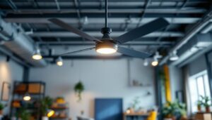 A photograph of an industrial-style ceiling fan installed in a spacious