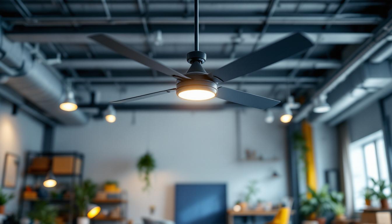A photograph of an industrial-style ceiling fan installed in a spacious