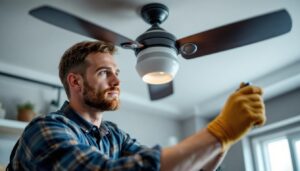 A photograph of a skilled lighting contractor expertly installing fanimation replacement parts on a stylish ceiling fan