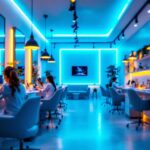 A photograph of a modern nail salon interior showcasing vibrant led lighting
