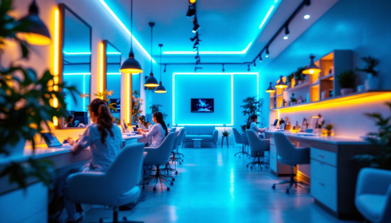 A photograph of a modern nail salon interior showcasing vibrant led lighting