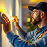 A photograph of a skilled lighting contractor installing or adjusting smart lighting systems in a modern home environment
